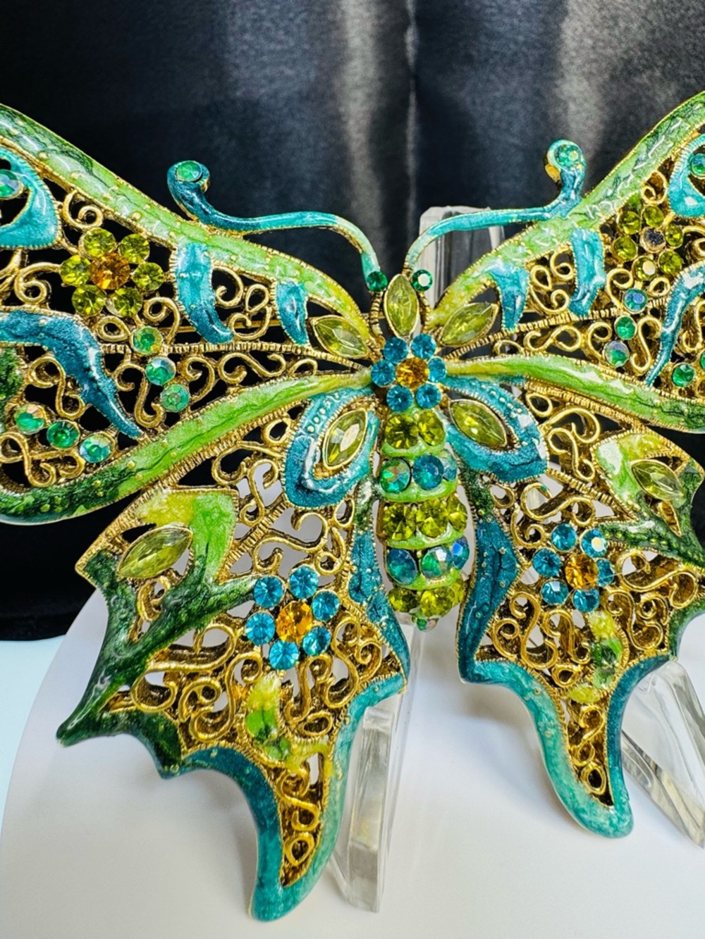 Large Vintage Jeweled Butterfly Brooch- Green and Turquoise